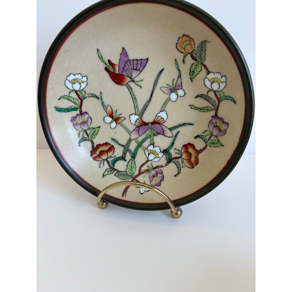 Japanese Porcelain Ware Butterfly Floral Hand Painted Plate Hong Kong w Stand